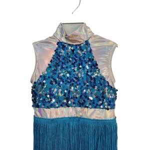 A Wish Come True Sequin Fringe‎ Dance Costume Iridescent Silver Blue Kids Sz XSC